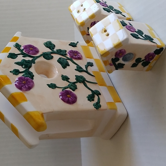Floral Ceramic Birdhouse Napkin Holder with Salt & Papper Shakers Set of 3 - Picture 3 of 13